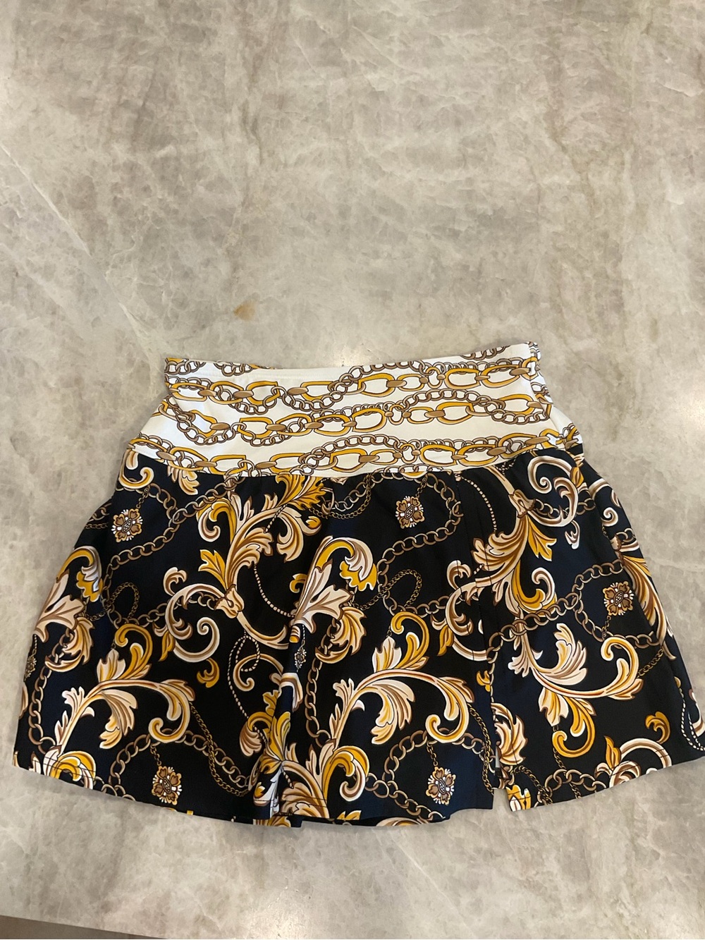 Carmen Marc Valvo Black, Gold and White Baroque Swim Skort style bottom